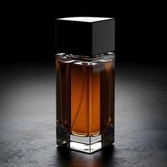 A close-up shot of a luxurious rectangular perfume bottle with amber liquid and a black cap on a reflective surface.