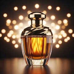 Elegant golden perfume bottle displayed against a sophisticated bokeh light background