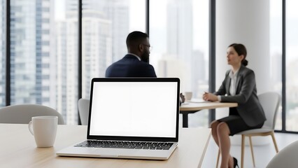 Fototapeta premium An open laptop mockup sits on an office table during a business discussion in a modern office setting