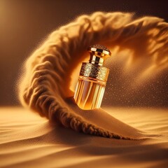 Ornate perfume bottle caught in a dramatic swirl of golden sand in a warm desert landscape