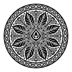 Black and white leaf mandala with intricate botanical symmetry and Celtic-style border, circular ornamental line art illustration