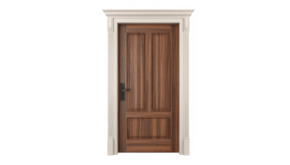 Brown wooden door with white frame and black handle isolated on a transparent background