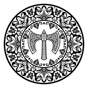 Labrys Double Axe Mandala Black and White Line Art