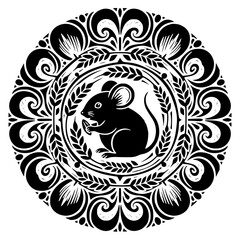Black and white circular mouse mandala with ornate floral patterns, symmetrical folk art style, high contrast decorative line illustration