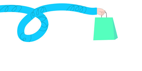 Funny Long Arm with Shopping Bag Vector. Creative Delivery and Online Shopping Concept Illustration. Fast Flexible Service.