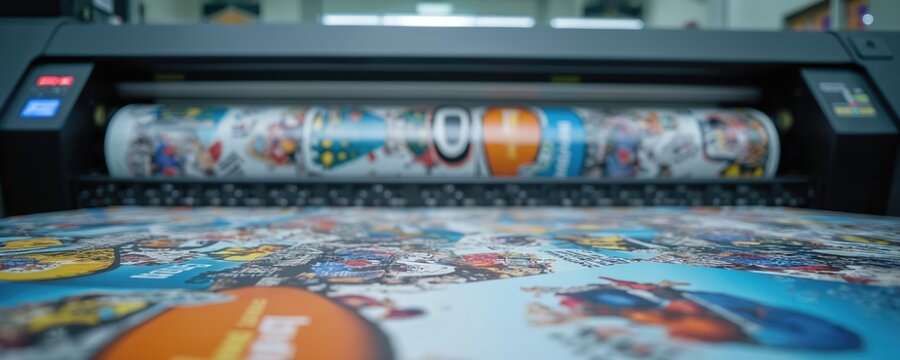 Modern printing machine with colorful materials on roll. Automated printing equipment produces graphic designs for commercial use. High speed production for advertising and branding needs.