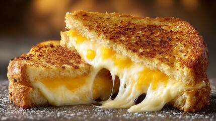 Hot grilled cheese sandwich cut in half, cheese pulling, snowy-texture backdrop
