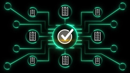 Neon glowing document verification blockchain network with digital check mark icon showing secure data validation system, online approval process, and cyber security technology concept 4k animated. - Powered by Adobe