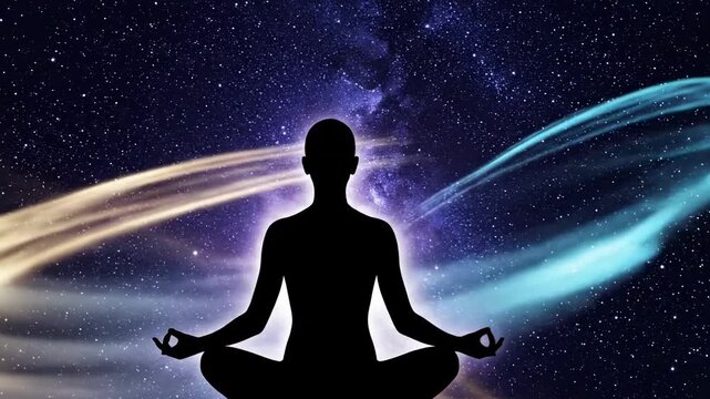 Silhouette of person meditating in lotus position with glowing energy trails in space