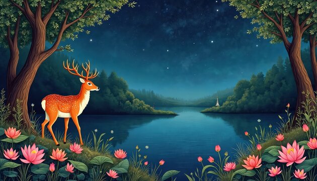 Deer stands near calm lake with lotus flowers under starry night sky. Trees and forest surround water. Peaceful landscape, Madhubani art style.