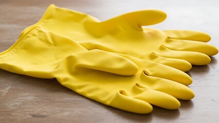 A pair of bright yellow rubber gloves resting on a wooden surface, ready for cleaning.