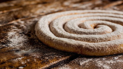 Naklejka premium Golden spiral pastry dusted with powdered sugar on rustic wood. Traditional Ensaimada Mallorquina.