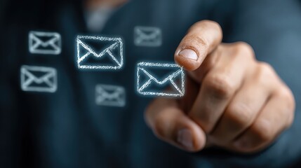 Checking email with digital interface of inbox icons, person using online message system on device to connect with friends and family