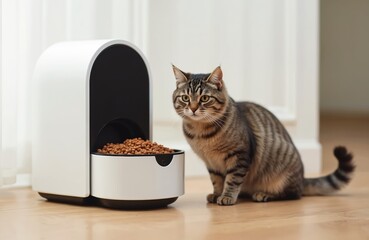 Tabby cat sits beside modern automatic pet feeder full of kibble. Smart device dispenses dry cat food for pet meal times. Domestic animal waits patiently near appliance.