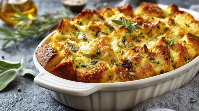Savory bread pudding casserole with herbs, placed on clean stone surface