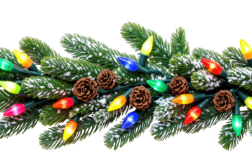 Horizontal Christmas banner with glowing bulbs on lush green pine branches. png