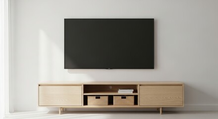 Fototapeta premium Minimalist modern living room interior with tv and light wood console