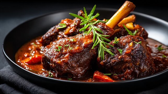 Tomato-braised lamb shanks in deep plate, matte black background with clean lighting