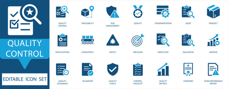 Quality Control icon set for business, product inspection, standardization, risk management, and assurance metrics.