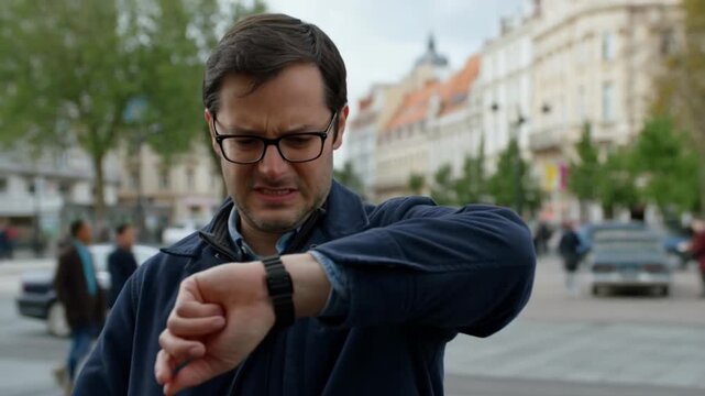 A concerned individual checks his watch urgently on a city street, likely indicating a time constraint or a pressing matter. Stock Video