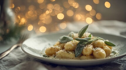 Warm gnocchi in brown butter sage sauce, placed on soft olive backdrop, delicate festive mood