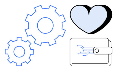 Business solutions, financial systems, healthcare innovation, digital transformation, payment technology, automation. Blue gears, heart shape and a digital wallet graphic. Business solutions