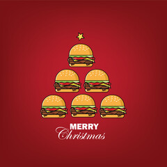 A festive illustration depicts a christmas tree constructed entirely of delicious looking cheeseburgers with a star