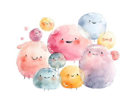 Cute pastel watercolor blob characters illustration. AI generated