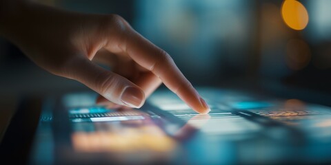 A Close-Up of a Hand Interacting with a Touchscreen Display to Navigate Digital Interfaces and Explore Interactive Content