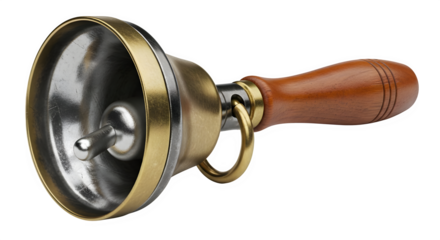 Vintage brass hand bell with wooden handle isolated on transparent background