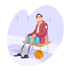 Smiling amputee basketball player with prosthetic legs sits on a bench in a locker room with a ball on the floor. Vector illustration
