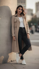 Stylish female leaning on wall
