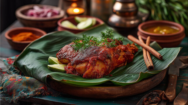Traditional Mexican cochinita pibil slow-roasted pork with achiote seasoning, banana leaf presentation, rich warm tones