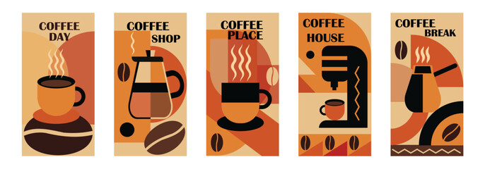 Coffee Themed Geometric Banners Collection. Abstract background with simple shapes for coffee shops, product packaging, cafe walls, and menus.