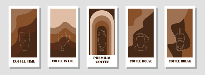 Coffee Themed Geometric Banners Collection. Abstract background with simple shapes for coffee shops, product packaging, cafe walls, and menus.