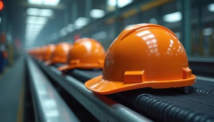 Orange safety helmets line up on a factory conveyor belt. Workers wear hard hats for head protection in industrial settings. Hard hats move on a production line for construction safety.