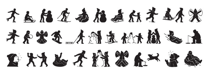 Naklejka premium SET - Black silhouettes of winter activities featuring children and snowmen on white background. concept of seasonal play, cold weather fun, kids playing, winter sports, design element