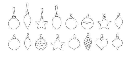 Obraz premium SET - Black outline of christmas ornaments on white background, decorative shapes. concept of holiday decor, festive decoration, seasonal icons, winter celebration, continuous one line drawing