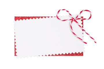 Blank Gift Tag with Red and White Christmas Ribbon Bow Isolated on White and Png Transparent Background