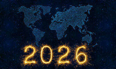 World Map on Blue Night Sky with New Year 2026 Fireworks