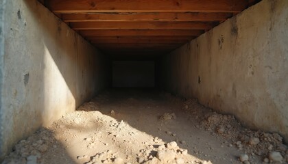 Obraz premium Crawl space under house foundation with rough concrete walls and wooden ceiling beams. Dirt floor scattered with loose soil and small rocks. Dark tunnel leads to unseen area.