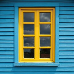Obraz premium Yellow casement window on bright blue wood siding wall. Reflective glass panes show dark cloudy sky and distant green trees. Rustic home exterior detail.
