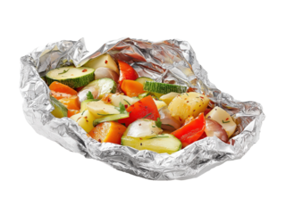 Roasted Vegetables Delight: A colorful medley of fresh, roasted vegetables, enveloped in foil, ready to be served. A healthy and delicious meal.