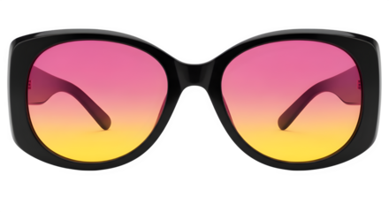 Stylish black frame sunglasses with pink and yellow gradient lenses isolated on transparent background