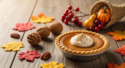 Thanksgiving celebration with pumpkin pie and autumn decor