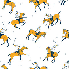 Seamless pattern with polo players on horses in dynamic poses on white background with minimal elements