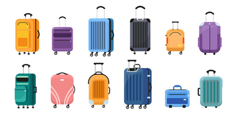 Various colorful luggage suitcase designs in flat style, arranged on white background. Concept of travel, vacation, packing. Vector illustration