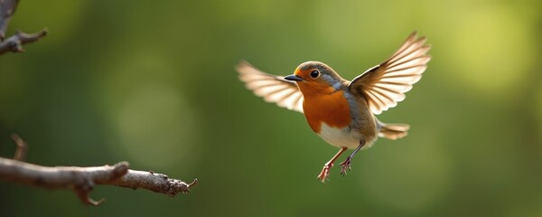 European robin bird hovers with wings outstretched near tree branch. Small wild animal captured mid-flight against lush green forest background. Natural detail of tiny avian fauna.