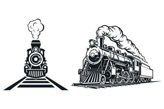 Steam locomotive train rail with smoke on railway tracks, front and Side View set.