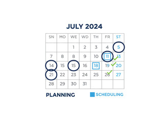 July 2024 Calendar with Marked Dates and Planning Labels.